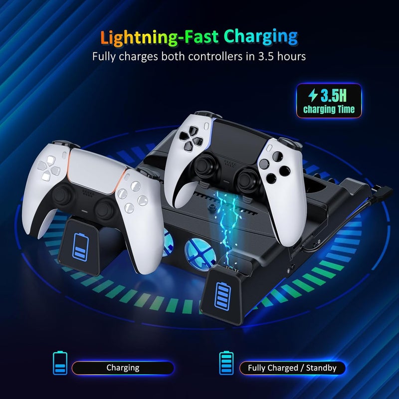 NEXIGO PS5 Silent Cooling Stand for Both PS5 and New PS5 Slim Consoles, RGB LED Light, Dual Charging Station, Compatible with Dual_Sense Edge Controller, Hard Drive, Headset and Remote Holder, Black - Image 4